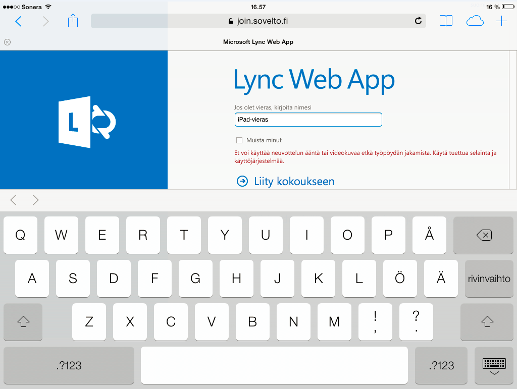 Lync WebApp -ohje 11 (13) 3 Selainlisäosan asentaminen - ipad 3.