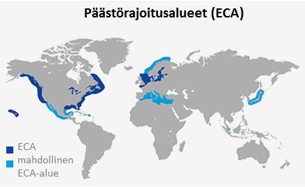 Päästörajoitusalueilla (kuva 2.1) liikkuvan laivan on noudatettavaa tiukempia päästönormeja. Itämeri on yksi päästörajoitusalueista. Kuvassa 2.
