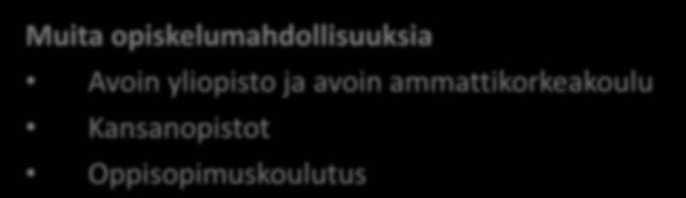 Opiskelumahdollisuuksia lukion jälkeen Yliopistot Kymmeniä tiedekuntia, satoja pääainevaihtoehtoja Valintaperusteet tiedekuntien itse päätettävissä vaihtelevat hakukohteittain Yleensä: Yo-todistus ja