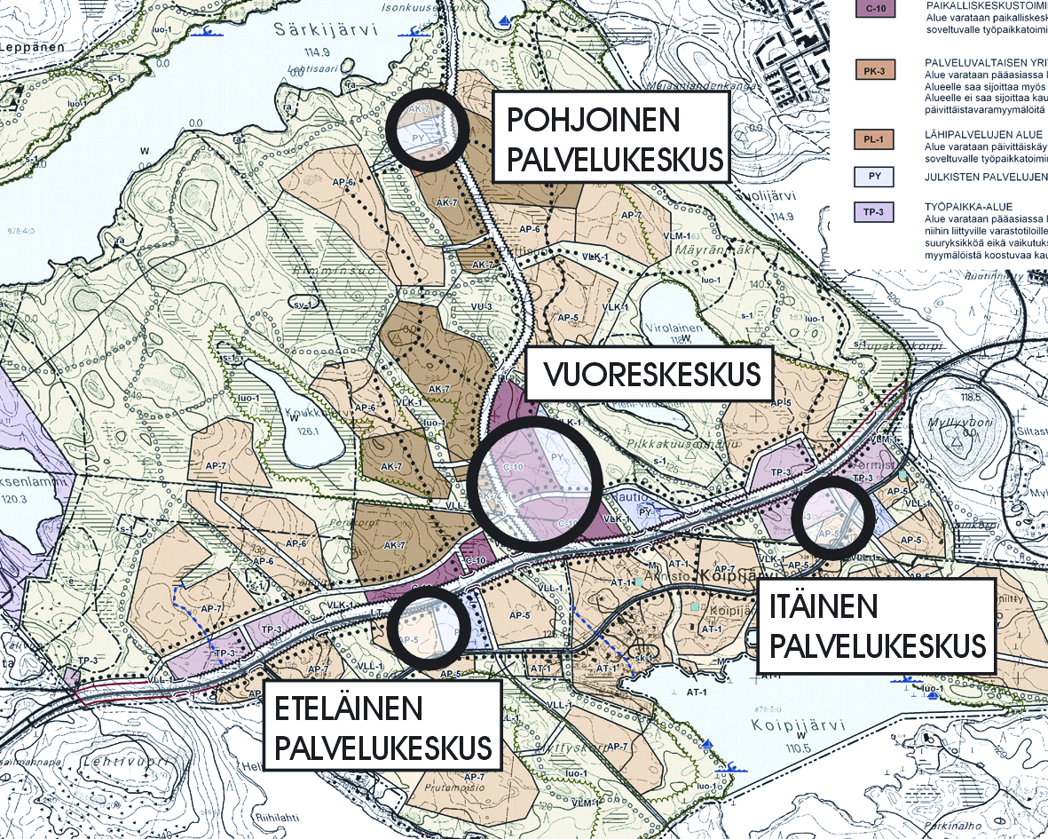 36 tyyn malliin, jossa on varauduttu Vuores-keskuksen sekä kolmen täydentävän alakeskuksen muodostamiseen. Kuvio 3.1. Vuoreksen julkisten palveluiden sijoittelun perusmalli.