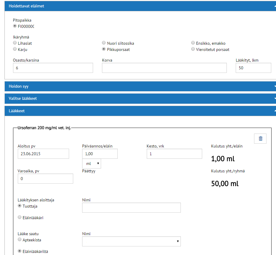 Hoidon syitä voi muuttaa klikkaamalla palkistosta Hoidon syy auki tai lääkevalintaa muuttaa valitsemalla uusi lääke kohdasta Valitse lääkkeet.
