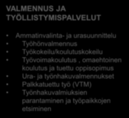 Monialainen työllistymissuunnitelma (vastuut, sitouttaminen, työ- ja toimintakyky) Kuntien peruspalveluiden koordinointi VALMENNUS JA TYÖLLISTYMISPALVELUT Ammatinvalinta- ja urasuunnittelu