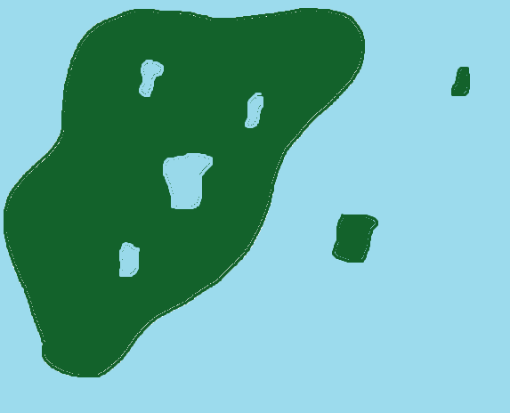 on käytetty sekä kuvaamaan merta että järviä sekä vihreää kuvaamaan mannerta sekä saaria. Kuva 55. Kuvitteellinen kartta-alue, jossa vihreää on käytetty kuvaamaan maa-alueita ja sinistä vesialueita.