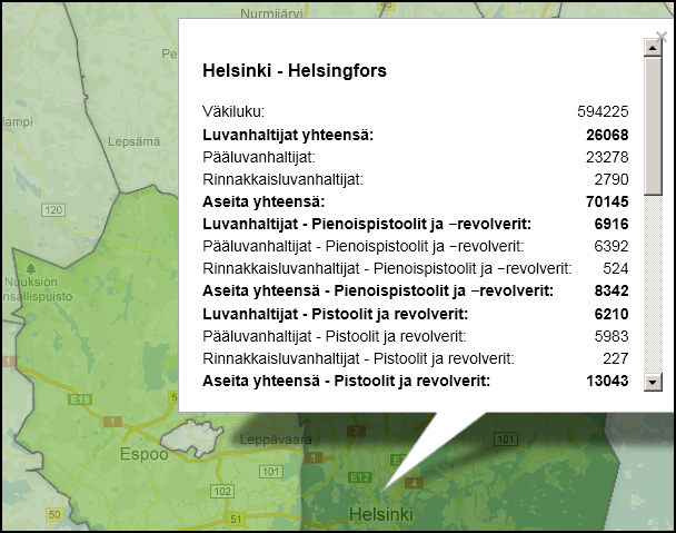 43 Kuva 22. Kuntadata-esityskerros karttapohjalla. Kuntapolygonit sisältävät lisäksi aserekisterin tiedot. 5.