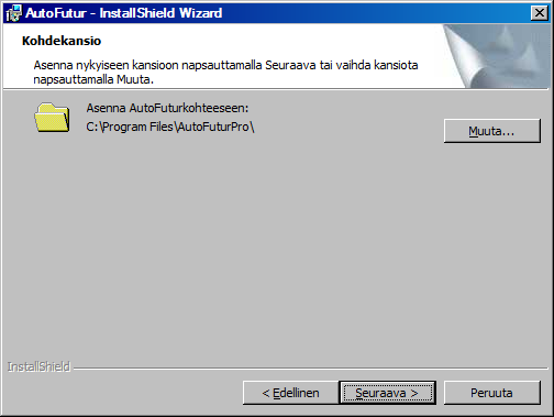 Asennuspaketin asennus (uusi palvelin) Asennus aloitetaan Fsetup0.exe (konefutur kfsetup0.exe) paketilla, joka asentaa ohjelman tarvitsemat perustiedostot ja tietokanta-komponentit.