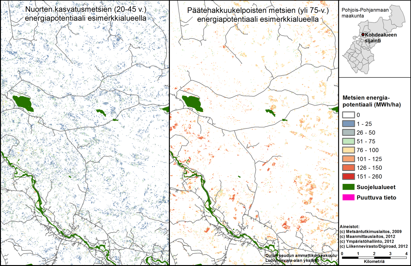 kelpoisten metsien yhteispotentiaali Kiimingin Alakylältä pohjoiseen sijoittuvalla esimerkkialueella. Kartan mittakaava on 1:150 000 kun sivu tulostetaan A4-koossa.