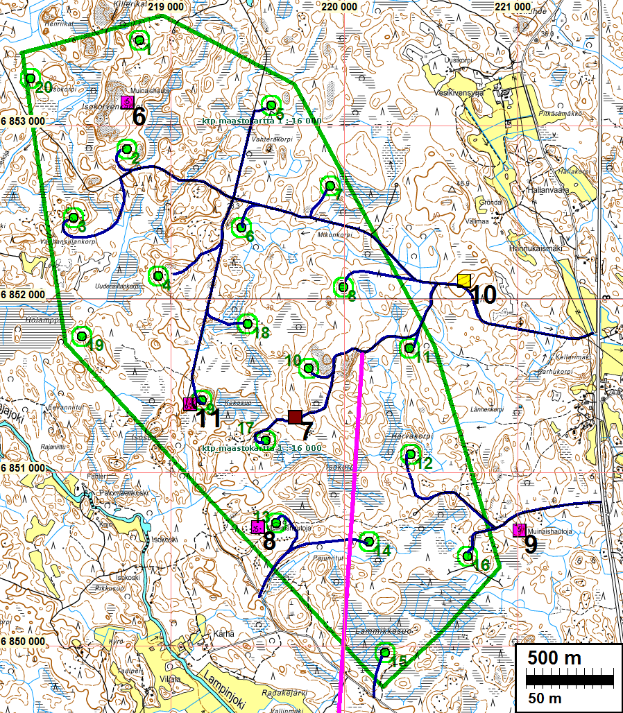 4 Yleiskartat Kartoilla: Hankealueen rajaus vihreällä, suunnitellut voimalapaikat vihreällä ja vihrein numeroin, kunnostettavat tielinjat sinisellä, voimajohtolinja vaaleanpunaisella.