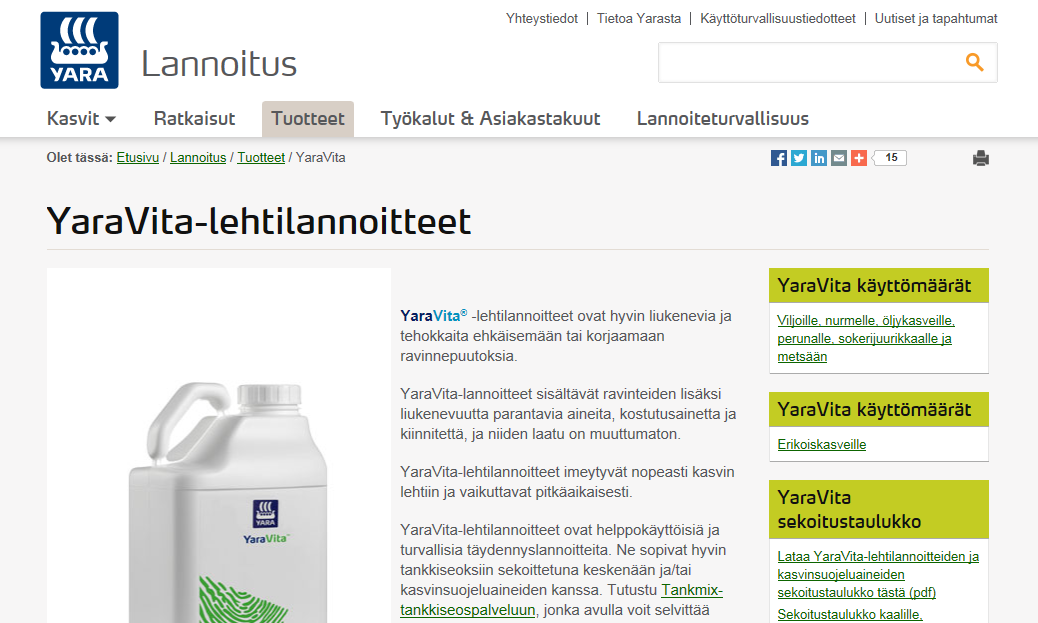 YaraVita tankkiseokset ja käyttömäärät