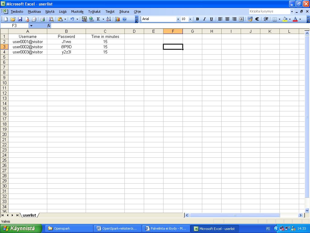 46 7.7.9 Download CSV file Toiminnolla ladataan viimeksi luodut tunnukset taulukkomuotoisena csv formaatissa.