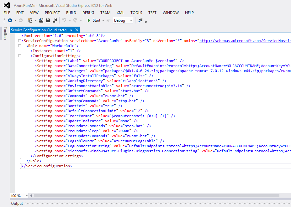 KUVA 14. ServiceConfiguration.Cloud.cscfg-tiedosto aukaistuna Visual Studiossa Ensimmäisenä pitää määritellä kolmeen kohtaan yhteysasetukset Windows Azure Storage -tiliä varten.