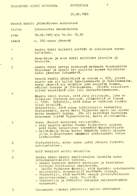 Toikander-Hohti -sukuseura perustettiin Inkeroisissa Kymenlaakson kansanopistossa 18.8.1985. Kokouksen kulku käy ilmi oheisesta pöytäkirjasta.