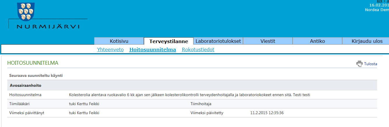 3. TERVEYSTILANNE Klikkaamalla Terveystilanne pääset lukemaan Nurmijärven terveyskeskuksen potilastietojärjestelmään tallennettuja terveydenhoitoosi liittyviä tietoja.