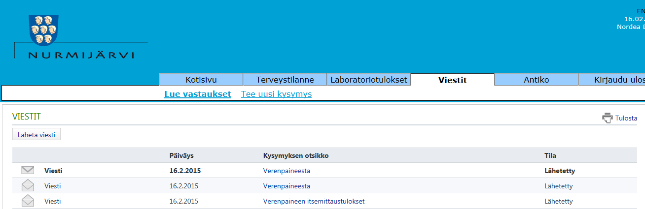 3.3 Rokotukset Painamalla Rokotustiedot -painiketta pääset katsomaan terveyskeskuksessa annettuja rokotuksia. 5 LABORATORIOTULOKSET 5.