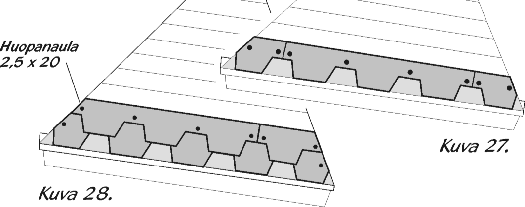 Katon huovitus Aloita kattoelementtien huovitus. Työ on helpoin tehdä elementit irrallaan maassa kuin että elementit olisi asennettu katolle. Asenna räystäsnauha kuvan 26 mukaisesti.