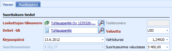 (73/117) Laskuttajan tilinumero: tili, jolle suoritus on tullut. Jos Asetuksissa toimipisteen tiedoissa, on määritelty oletuspankkitili, on se Suoritus ikkunassa valmiina.