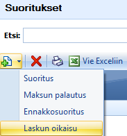 (78/117) Valitaan luottotappioitava lasku ja Toiminnot > Laskun oikaisu. Valinta avaa Laskun oikaisu ikkunan, kts. kuva alla.