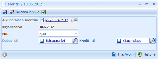 (82/117) Valinta avaa alla olevan Tiliöinti ikkunan. EUR kohdassa on se summa, joka suorituksesta on laskun kohdistuksen jälkeen jäänyt jäljelle.