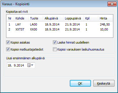 3.7. MUUT TOIMENPITEET 3.7.1. Varauksen kopiointi Varauksen kopiointi etenee siten, että ensiksi haetaan kopioitavaksi haluttu varaus esiin katseluun (kts. Varauksen haku 3.4).