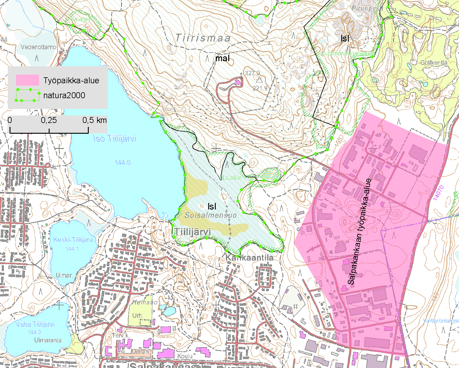 ja siitä, että valtaosa aluevarauksesta viettää poispäin Natura-alueelta.