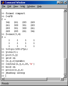 MATLAB 6.0 Käyttöliittymäopas 7 Komentoikkunassa näkyvä kehote >> ilmaisee MATLABin olevan valmis vastaanottamaan komentoja käyttäjältä. Suoritettava toiminto (esim.