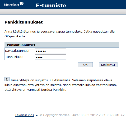 65 Kuva 7. Nordea E-tunniste pankkitunnukset. Käyttäjän syötettyä verkkopankkitunnuksensa ja painetaan ok-nappulaa kuvan 7 mukaisella sivulla käyttäjä ohjataan tunnistetietojen yhteenvetosivulle.