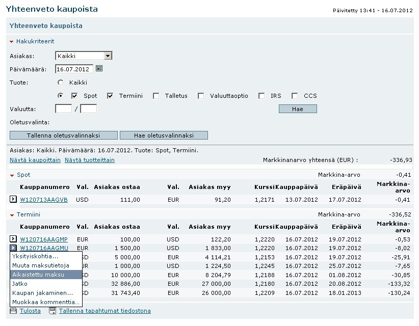 3.2.8. Valuuttakaupan aikaistaminen Markets Onlinessa voit aikaistaa valuuttakaupan erääntymään samana päivänä, seuraavana tai 2 pankkipäivän kuluttua.