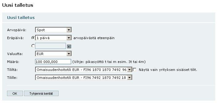 4. Talletukset (rahamarkkinakaupankäynti) Markets Onlinessa voit sijoittaa varasi yhden yön talletuksesta aina yhden vuoden talletukseen saakka. Euromääräinen talletus voi olla 100.000 