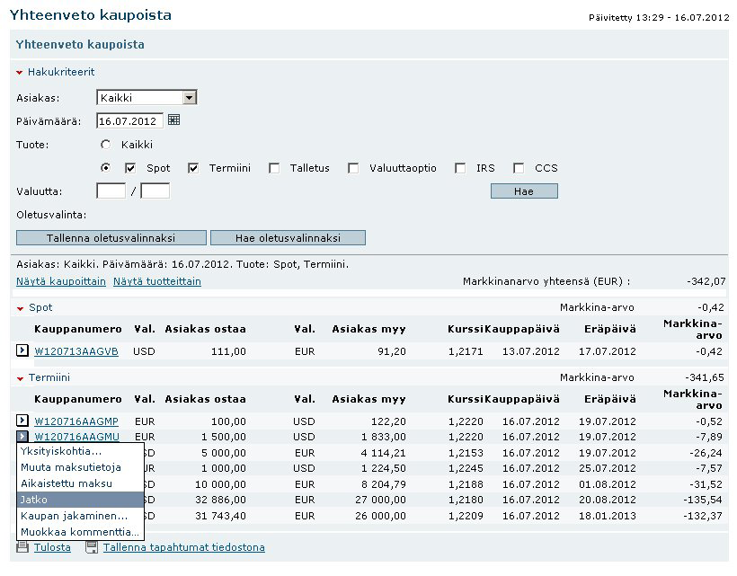 3.2.4. Kauppaluettelo Yhteenveto kaikista tekemistäsi kaupoista löytyy Kauppaluettelosta (myös valuuttaoptiot, IRS, CCS) päivän markkina-arvoineen. Valitse Valuutat > Raportit > Kauppaluettelo.