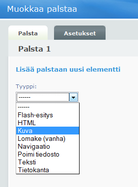 Sivut - Elementin lisäys sivulle Jos haluat lisätä Crasmanagerilla sisältösivulle uuden elementin, klikkaa sivulla näkyvää Palsta painiketta ja valitse