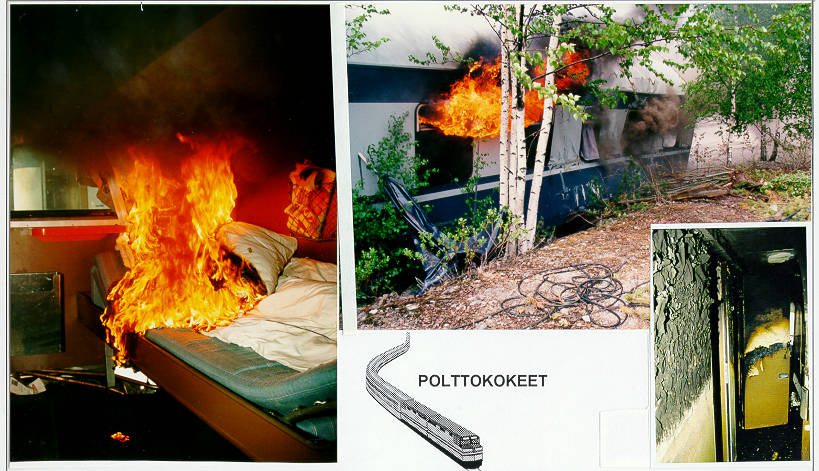 Kuva 24. Junan tekstiilit on käsitelty palamattomiksi. Makuuvaunuhytin lakanoista palosuojaus katoaa kuitenkin pesuissa. Palo leviää nopeasti, jos se saa riittävästi ilmaa. Kuvassa (vas.