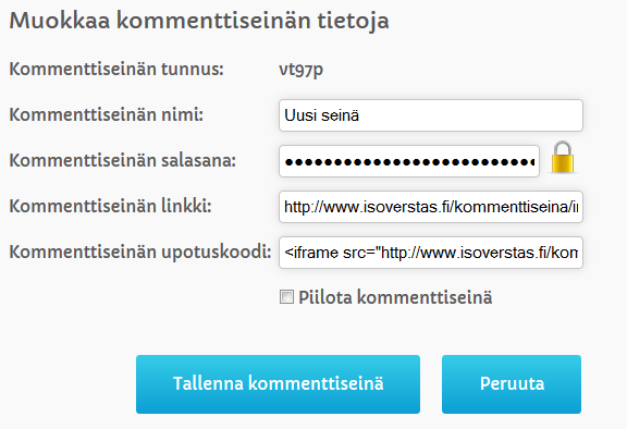 Kommenttiseinän toiminnot: Kommenttien näyttäminen erillisessä ikkunassa. Kommentit voi tallentaa tai tulostaa. Kommenttiseinän tietojen muokkaus (nimi, salasana, linkki, upotuskoodi, piilota).