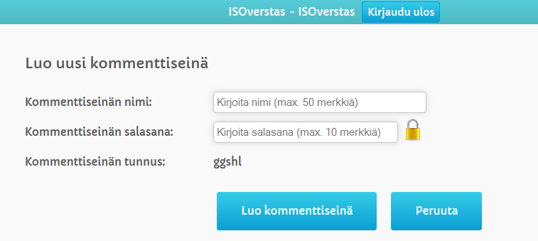 2.3. Uuden kommenttiseinän luominen Uusi kommenttiseinä luodaan painamalla hallintasivun alareunassa olevaa Luo uusi kommenttiseinä - painiketta. Kuva 9. Uuden kommenttiseinän luominen. Uutta kommenttiseinää luotaessa tarvitaan kommenttiseinän nimi ja salasana.