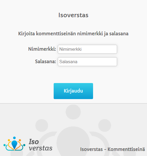 1.1. Kommenttiseinään kirjautuminen Kuva 3. Kommenttiseinän kommentoijan nimimerkki ja salasana. Jos kommenttiseinää luotaessa on määritetty salasana, sitä kysytään tässä vaiheessa.