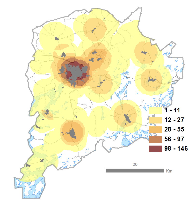 Vyöhykkeiden yhdistäminen Määrätyllä etäisyydellä sijaitsevien palveluiden