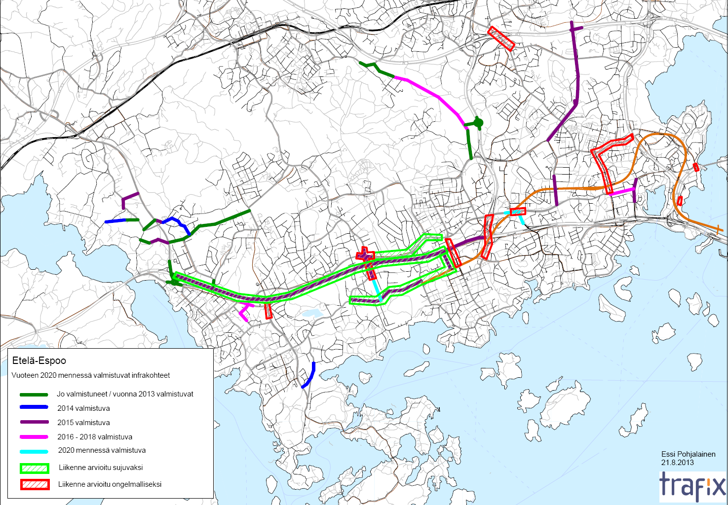 9 Kuva 7. Tie- ja katuverkon kehittämishankkeet vuoteen 2020 mennessä sekä arvioidut liikenteelliset ongelmakohdat Etelä-Espoossa (lähde: Espoon kaupunki).