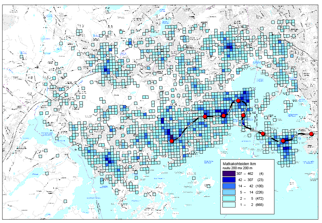 19 Kuva 15. Vastaajatalouksien matkakohteiden sijoittuminen 200 m*200 m ruutuihin. Vastauksista koostettiin erilaisia kartta-analyysejä suunnittelutyön tueksi.