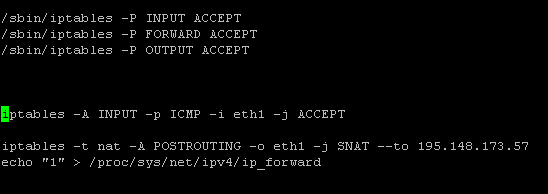 18 Kuva 4 Iptables Ensimmäisenä hyväksytään kaikki yhteydet ja IP-forwardointi. Tämän jälkeen kirjoitetaan sääntö, joka hyväksyy IP-forwardoinnin sekä IP-masqueraden (one to many).