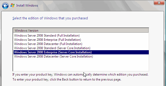 23 Kuva 10 Windowsin asennus Tässä työssä valittiin Windows Server 2008 Enterprise (FULL Installation). Ostetuissa lisensseissä asennus antaa sen vaihtoehdon johon lisenssi oikeuttaa.