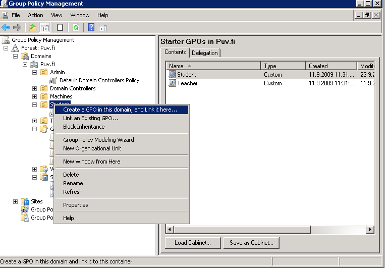 30 Kuva 18 Group policy Kuvassa 18 linkitetään Student-ryhmälle tehty käyttäjäoikeustiedosto. Näin eri käyttäjäryhmille voidaan tehdä omat käyttöoikeusobjektit. 4.3.3 Logon script Logon scriptiä käytetään, kun toimialuuen käyttäjä kirjautuu tietokoneella toimialueesen.