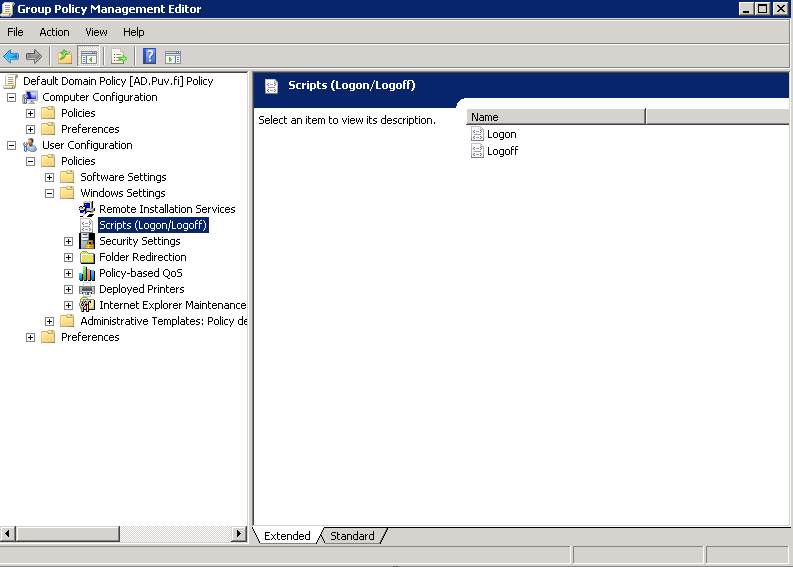 31 Kuva 19 Scripts Kuvassa 19 on lisätty logon script Default Domain Policyn käyttäjäasetuksien hallintaan.