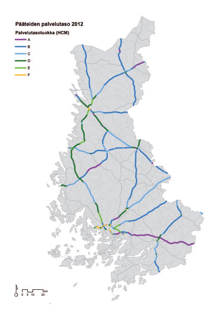 Pääteiden palvelutaso: tavoitteet ja kehittämistarpeet HCM-PALVELUTASO-LUOKAN TAVOITE Maaseutu-alueella Kaupunki-ympäristö Valtakunnalliset runkoyhteydet C D Muut valtakunnalliset pääyhteydet C E