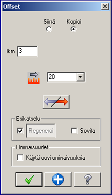 10. Valitse Muodosta, Offset. Kuva 2.4 Pysty- ja vaakasuora viiva 11. Valitse Kopioi, lkm 3, Siirtoetäisyys 20. Kuva 2.5 Offset- ikkuna 12.