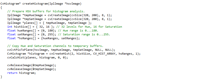 4. OpenCV-kirjasto 28 Kuva 4.4. Funktio, joka käyttää OpenCV-kirjastoa ja laskee annetusta HSVväriavaruuden kuvasta histogrammin ja palauttaa sen.