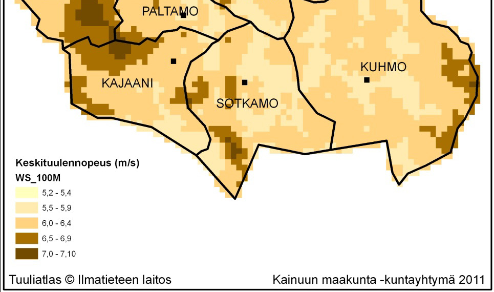 Tuulivoimatuotannon maankäytölliseen sijoittumiseen vaikuttavat tekijät Tuulisuus ja korkeusolosuhteet Kainuussa vuoden keskituulennopeus 100 metrin korkeudessa vaihtelee tuuliatlaksen mukaan 5,2 7,1