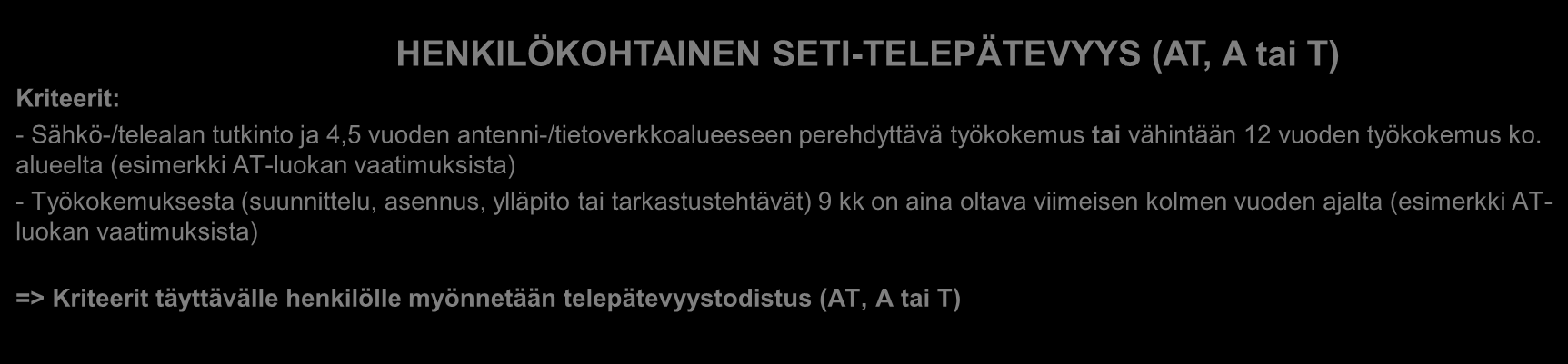 Kriteerit: SETI-TELEURAKOITSIJAHYVÄKSYNTÄ - Teleurakointia harjoittavassa yrityksessä on oltava teletöiden vastuuhenkilö, jolla on SETI-telepätevyys - Yrityksen käytössä on oltava vaatimusten