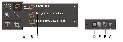 Vähennä F) Leikkaa Lasso A) Lasso B) Polygonaalinen lasso C) Magneettinen lasso D)