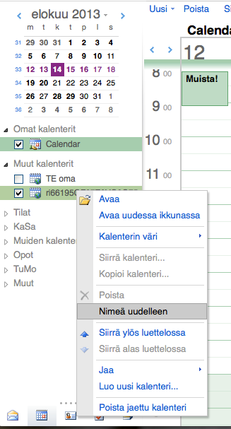 Avaa TimeEdit kalenteri puhelimessa Onnistuneesti Outlook Web App -sovelluksen kautta lisätyn kalenterin pitäisi näkyä automaattisesti kaikissa niissä laitteissa (testattu sekä Nokia että iphone),