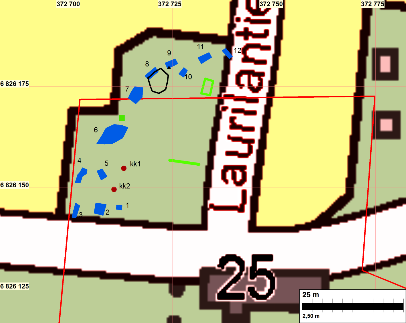 7 Kartat Koekaivannot sinisellä, koekuopat punaisella.