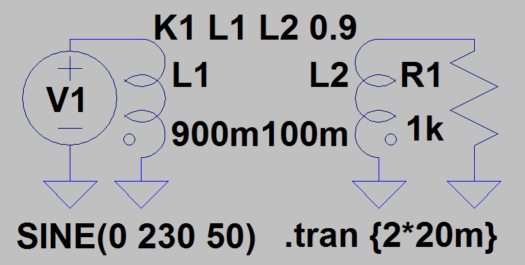 Tällä pitäisi päästä alkuun. Muuntaja luodaan asettamalla kytkentään 2 tai useampi kela. Kelojen välistä kytkentää kuvataa SPICE directivellä K1 L1 L2 0.