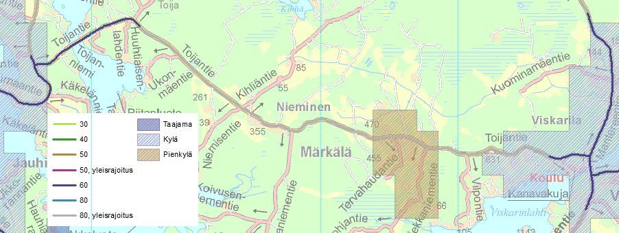 Vehkataipale, Toijantie, mt 14813 Toijantiellä (mt 14813) on nykyisin voimassa yleisrajoitus, joka on erityisesti kaarteisissa kyläkohdissa korkea.